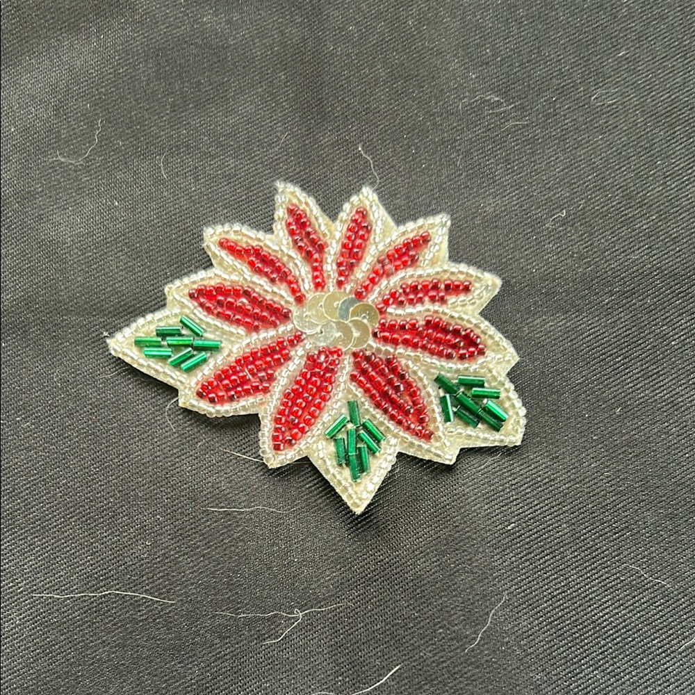 Floral Red and Green Beaded Brooch